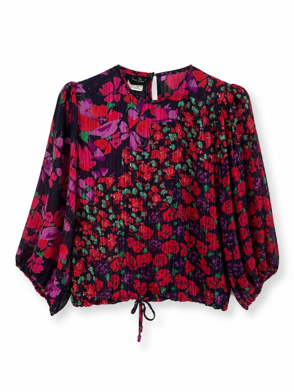 DIANE FREIS VINTAGE GEORGETTE Floral Blouse Boho Sheer Balloon Sleeve TOP SZ L - Picture 2 of 7